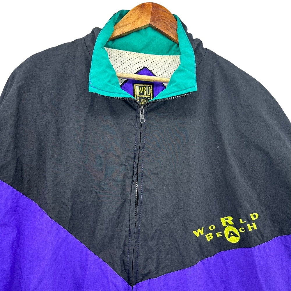 VTG 90s World Beach Colorblock Windbreaker‎ Jacket Mens Large Purple Teal Skater